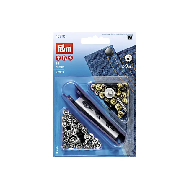 prym-403101-rivetti-in-ottone-9-mm-argento-oro-24-pezzi-con-attrezzo image 1