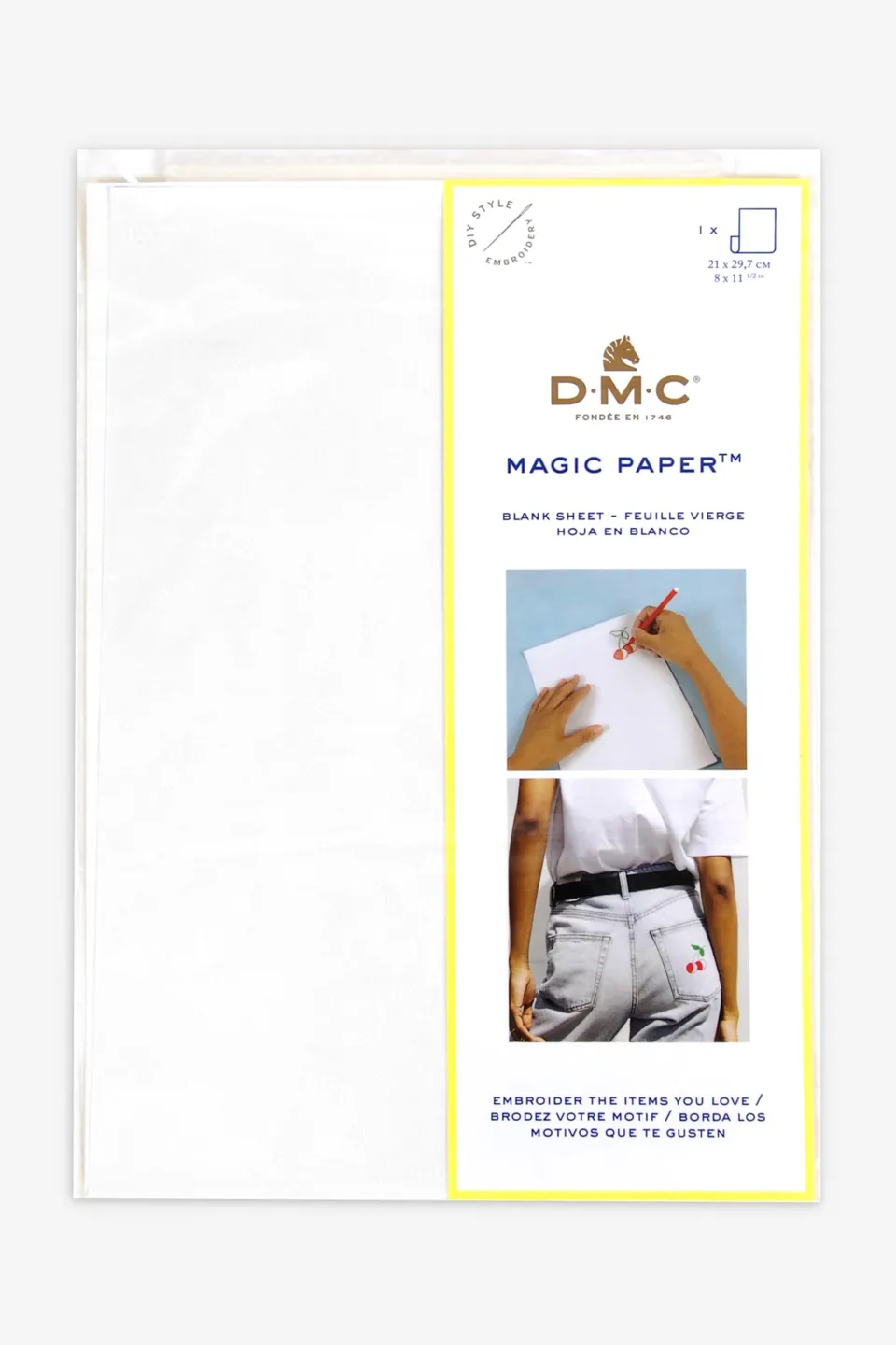 dmc-magic-paper-foglio-bianco-a4-carta-idrosolubile-autoadesiva-da-ricamo image 1